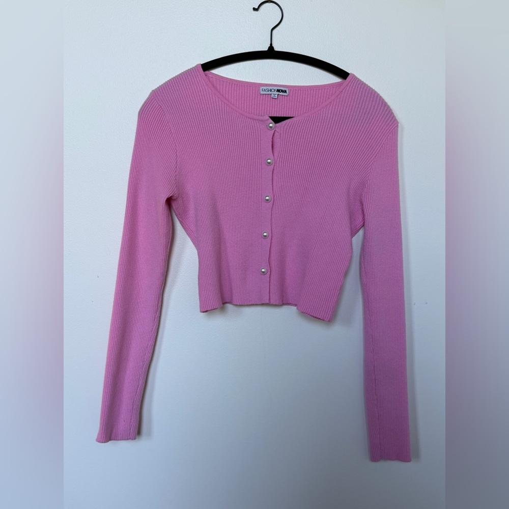 Fashion Nova Bubblegum Pink Ribbed Cropped Button Cardigan